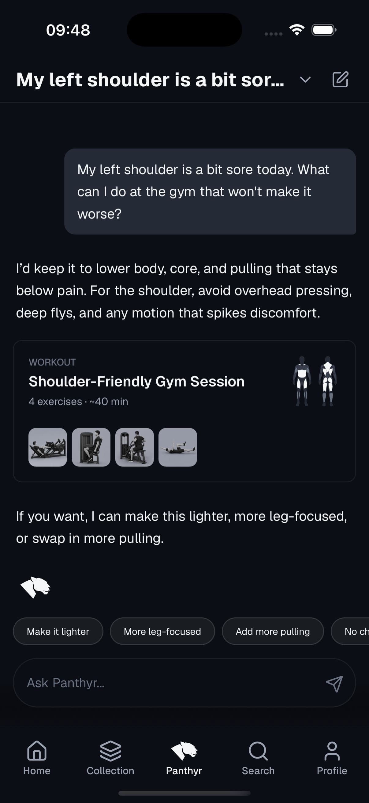 Someone telling Panthyr their left shoulder is sore and asking what they can do at the gym, and Panthyr replying with a shoulder-friendly workout